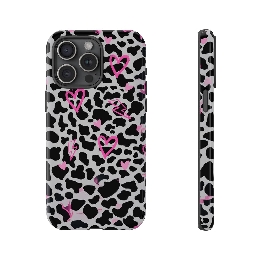 Phone Case — Black & White Cow Print with Pink Hand-Drawn Hearts