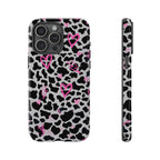 Phone Case — Black & White Cow Print with Pink Hand-Drawn Hearts