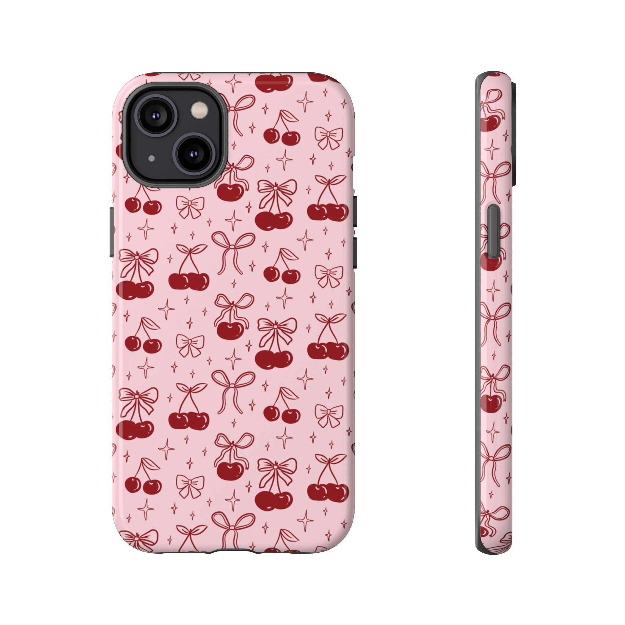 Cherry Pattern Phone Case — Cute Pink Cherries with Bows Durable Tough Case