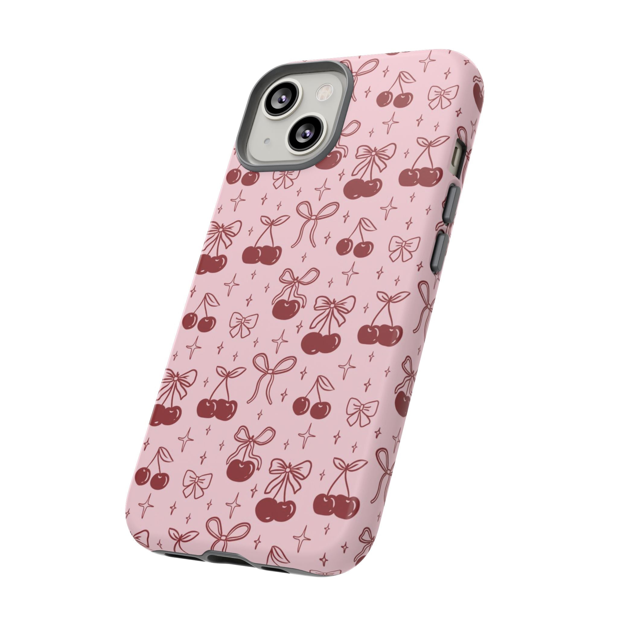Cherry Pattern Phone Case — Cute Pink Cherries with Bows Durable Tough Case