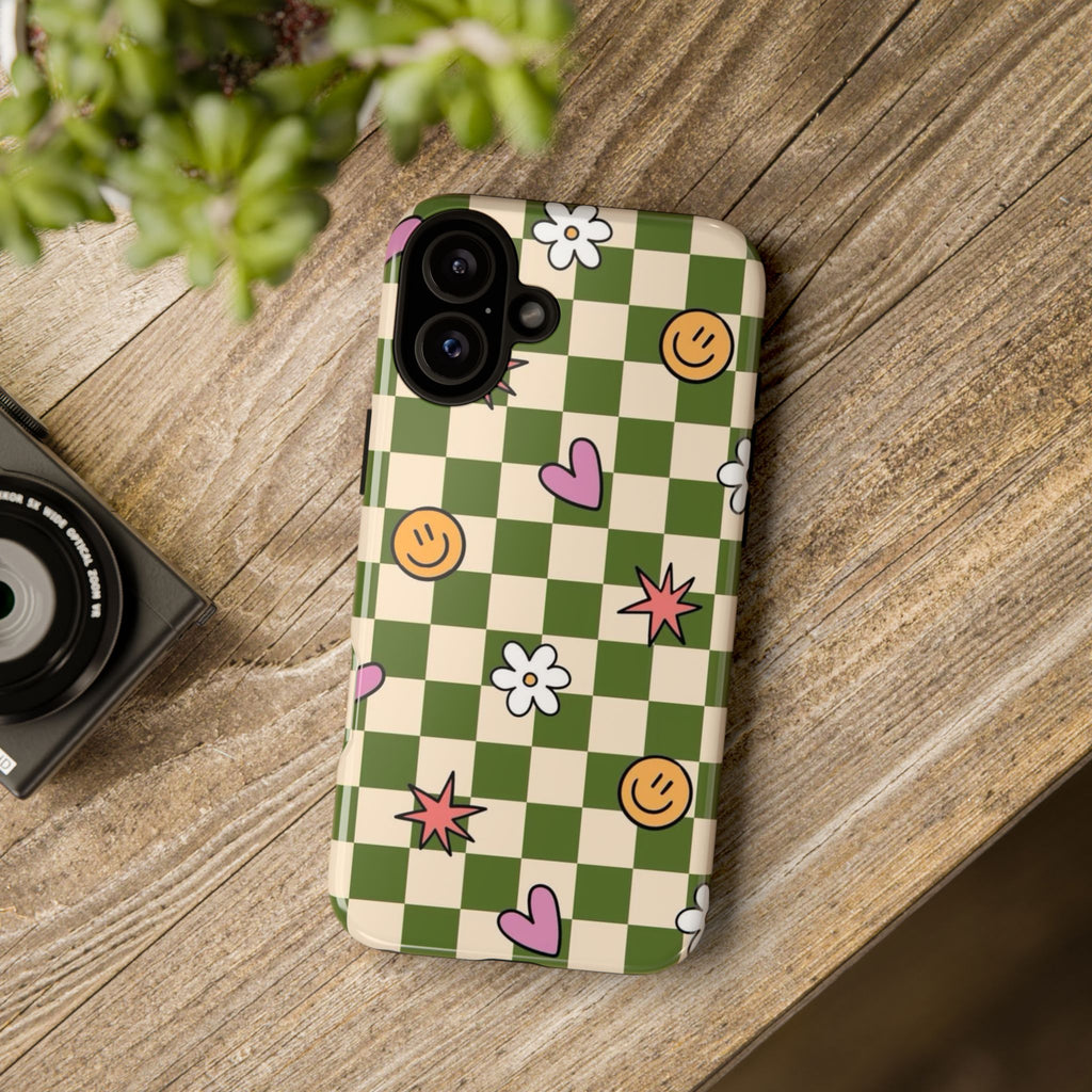 Green Checkered Floral & Smile Phone Case — Cute Heart, Daisy & Smile Pattern