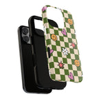 Green Checkered Floral & Smile Phone Case — Cute Heart, Daisy & Smile Pattern