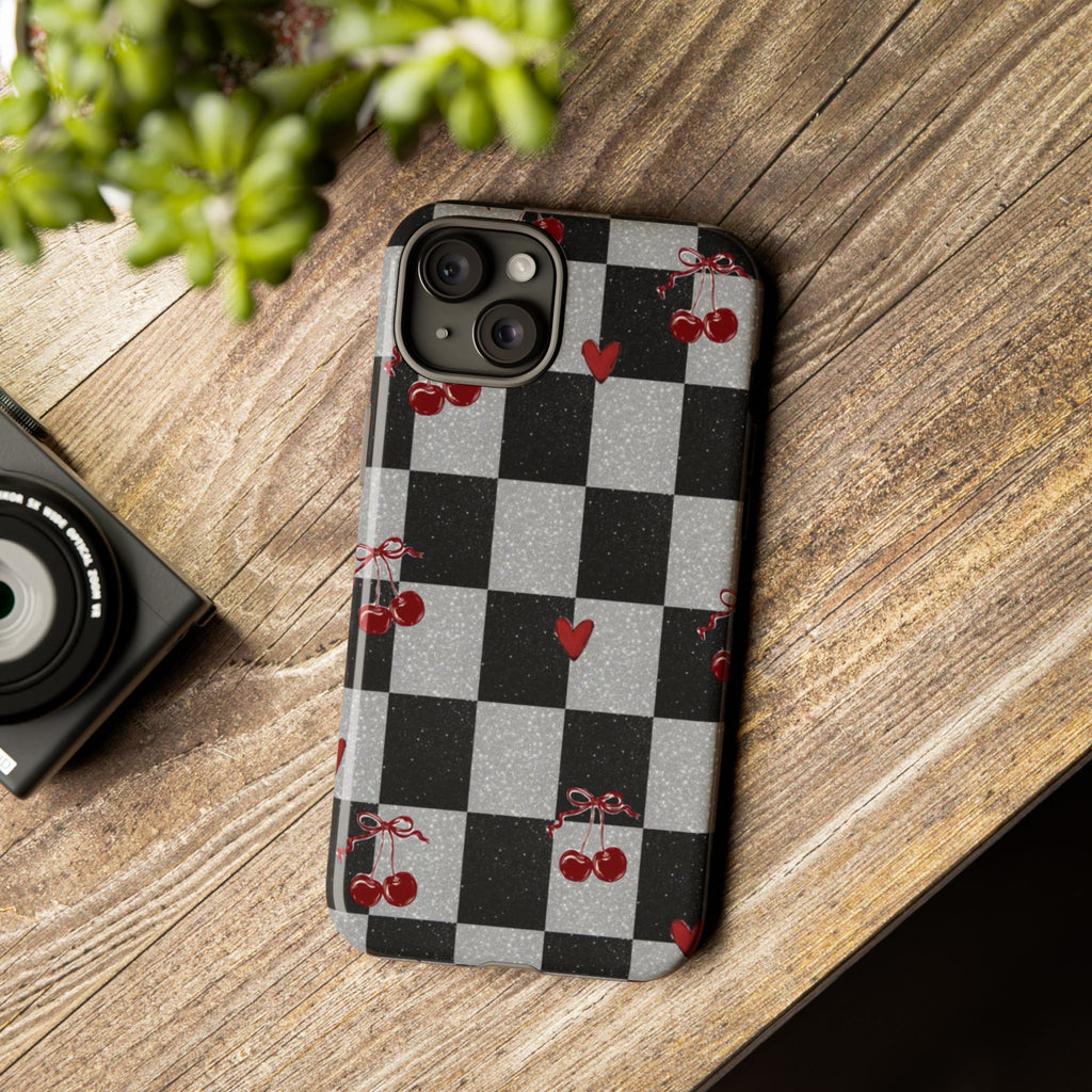Cherry Checker Phone Case — Retro Black & White Plaid with Red Hearts