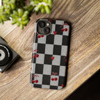 Cherry Checker Phone Case — Retro Black & White Plaid with Red Hearts