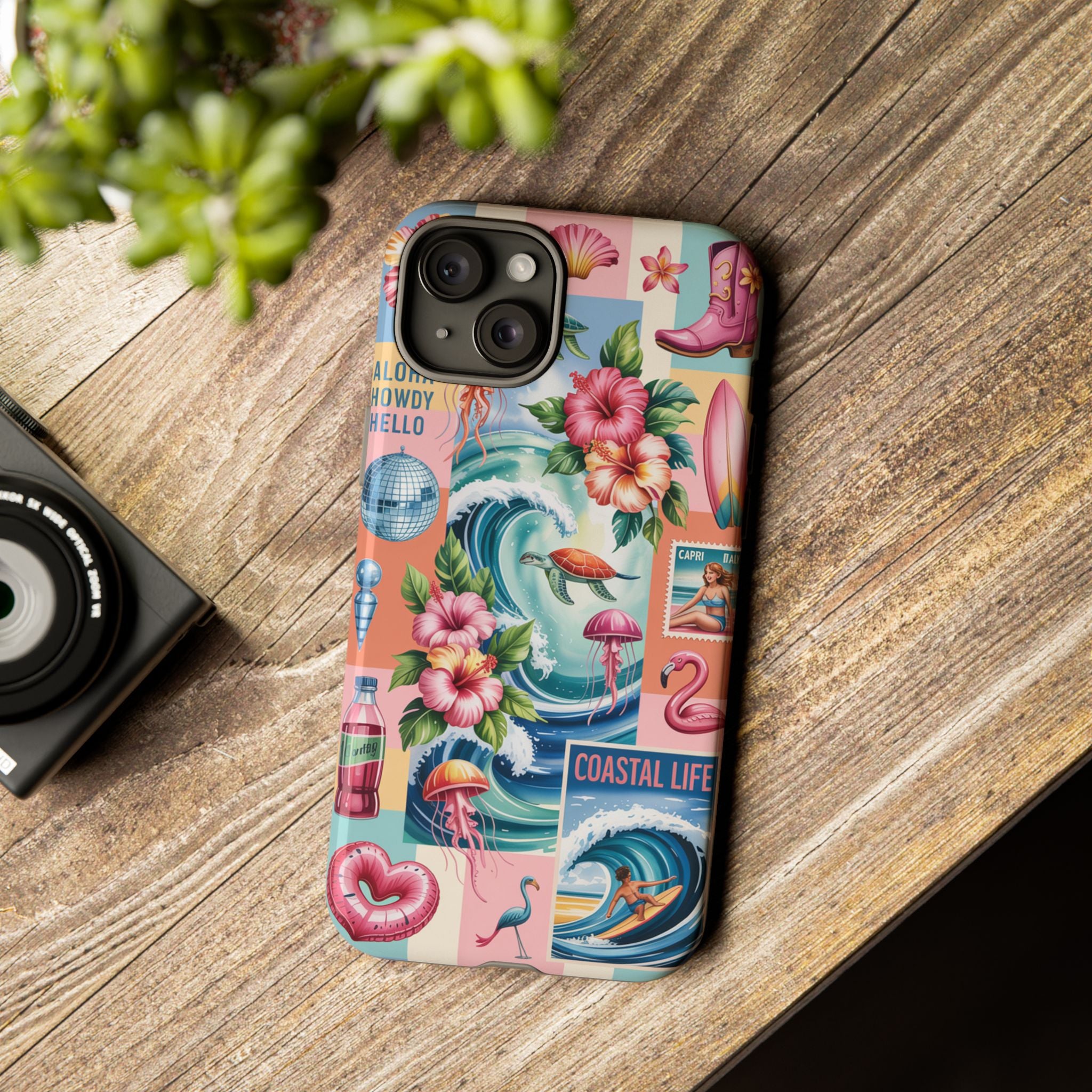 Coastal Collage Phone Case — Retro Beach Surf Floral Design