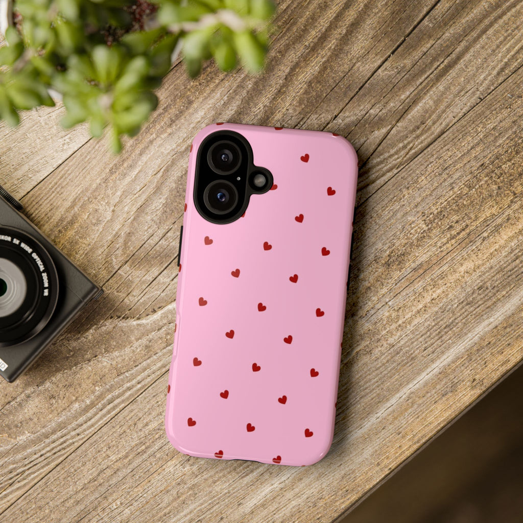 Pink Heart Pattern Tough Phone Case — Cute Red Hearts Protective Phone Cover (Valentine’s Day Gift)