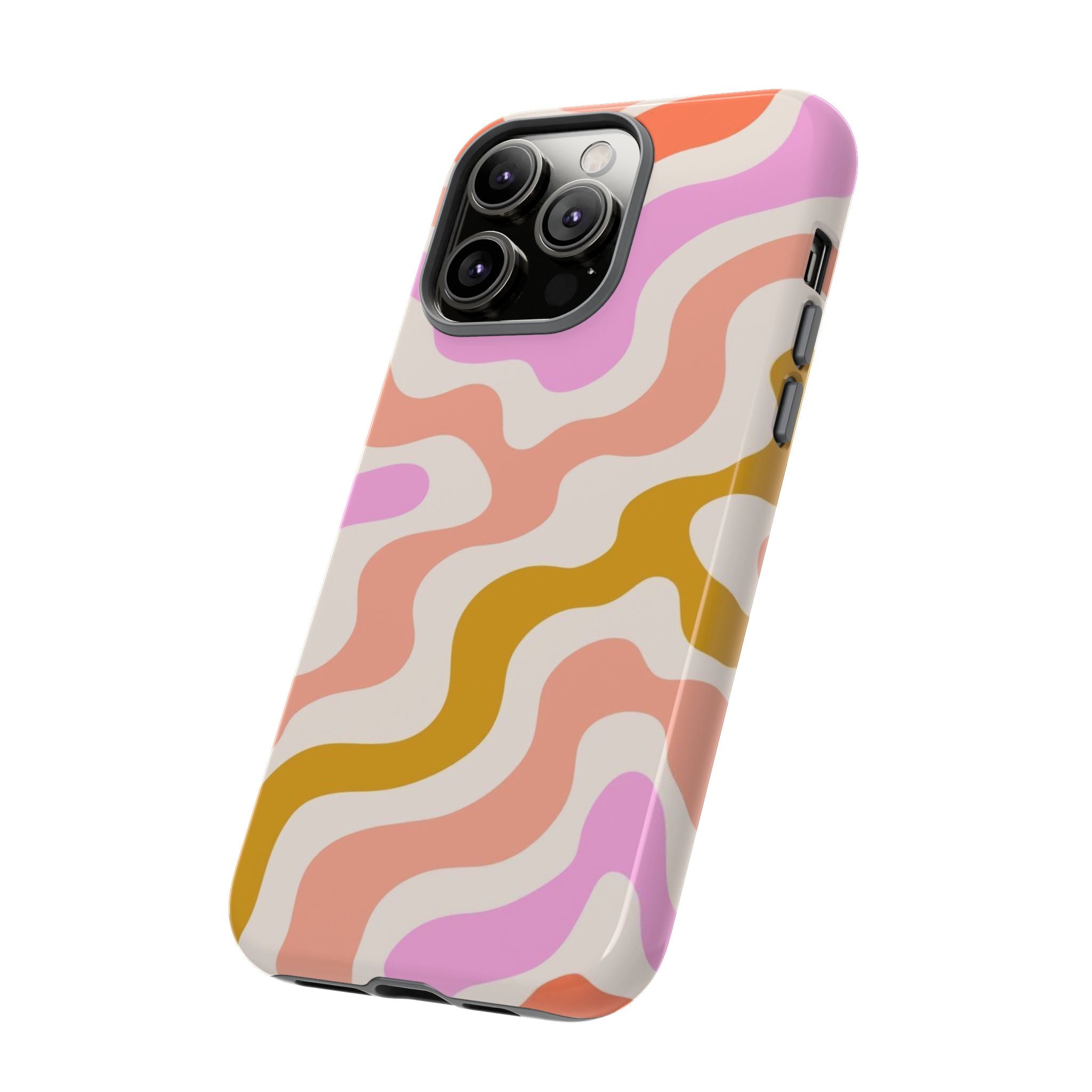 Retro Wavy Pattern Tough Phone Case — Pink, Peach & Mustard Abstract Design