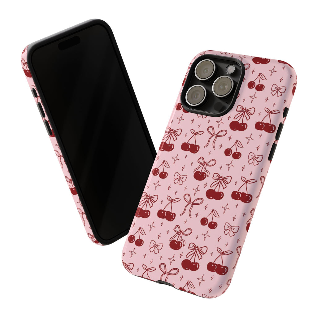 Cherry Pattern Phone Case — Cute Pink Cherries with Bows Durable Tough Case