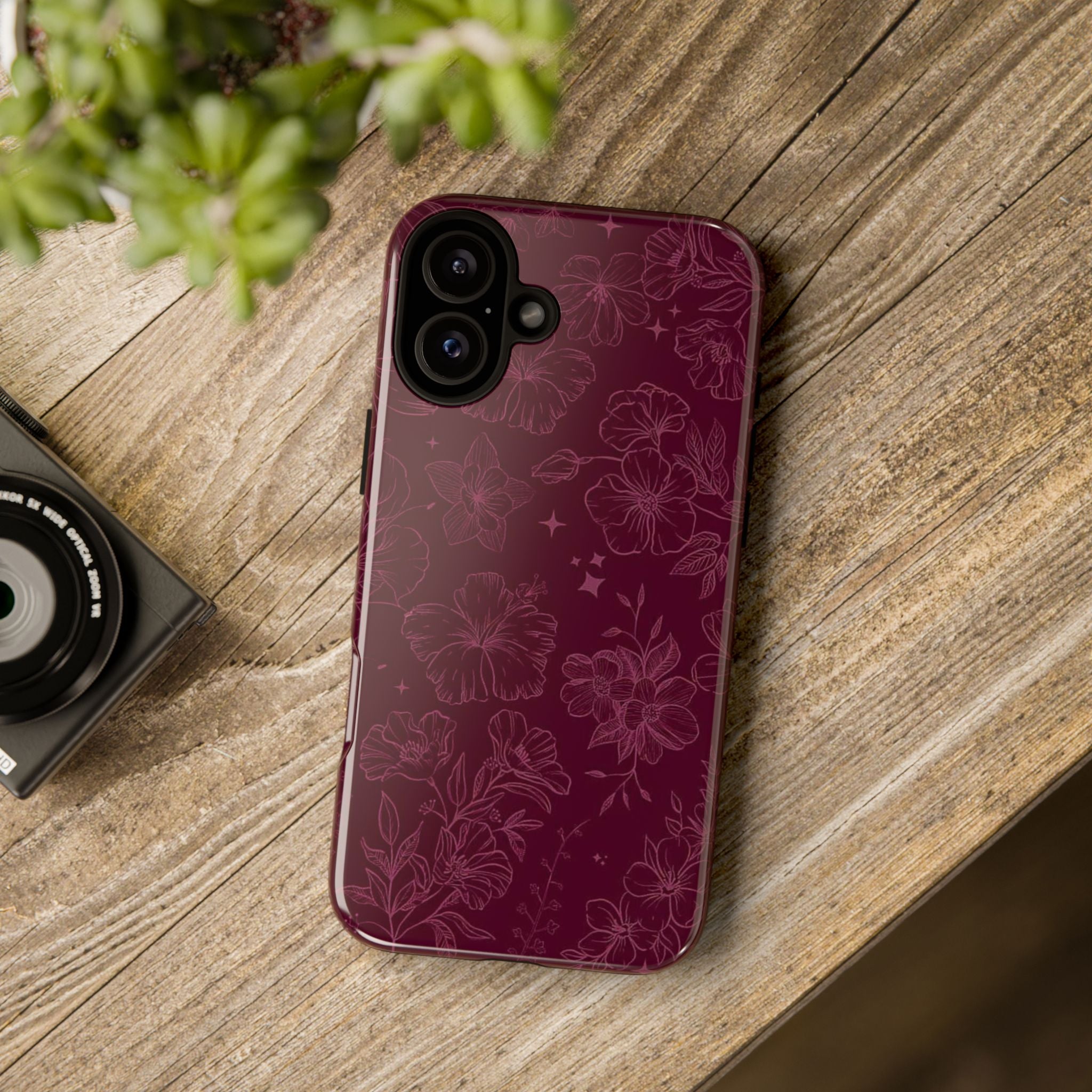 Burgundy Floral Tough Phone Case — Protective Hibiscus Pattern