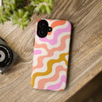 Retro Wavy Pattern Tough Phone Case — Pink, Peach & Mustard Abstract Design