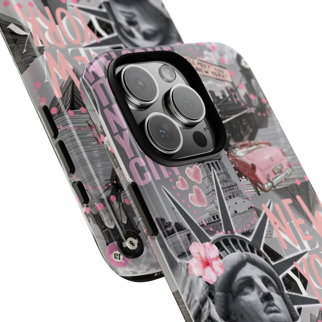 New York Collage Phone Case — Pink Retro Statue of Liberty Design