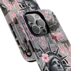 New York Collage Phone Case — Pink Retro Statue of Liberty Design