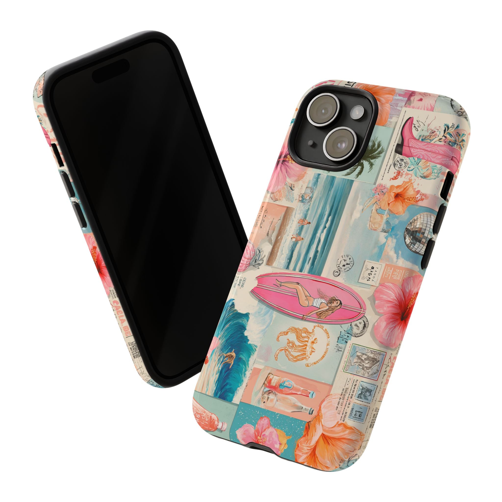 Tropical Surf Collage Phone Case — Vintage Hawaiian Floral & Surfboard Design