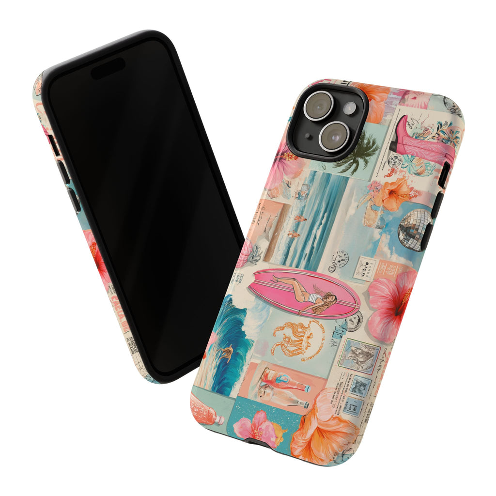 Tropical Surf Collage Phone Case — Vintage Hawaiian Floral & Surfboard Design