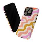 Retro Wavy Pattern Tough Phone Case — Pink, Peach & Mustard Abstract Design