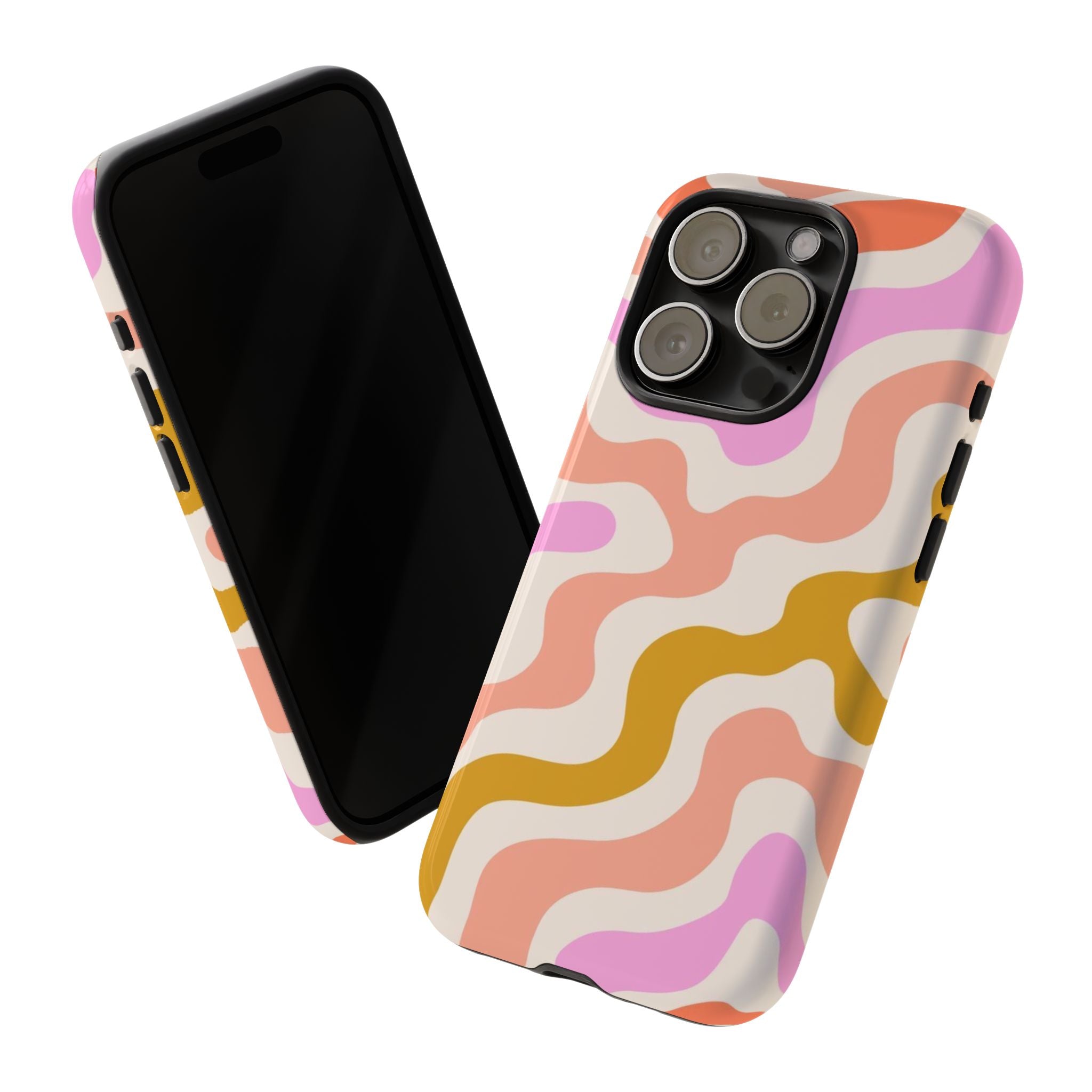 Retro Wavy Pattern Tough Phone Case — Pink, Peach & Mustard Abstract Design