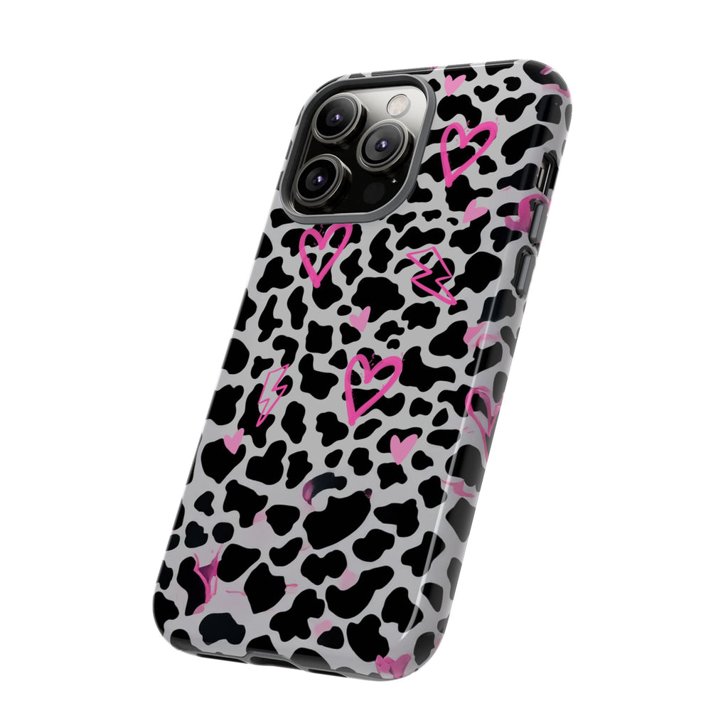 Phone Case — Black & White Cow Print with Pink Hand-Drawn Hearts