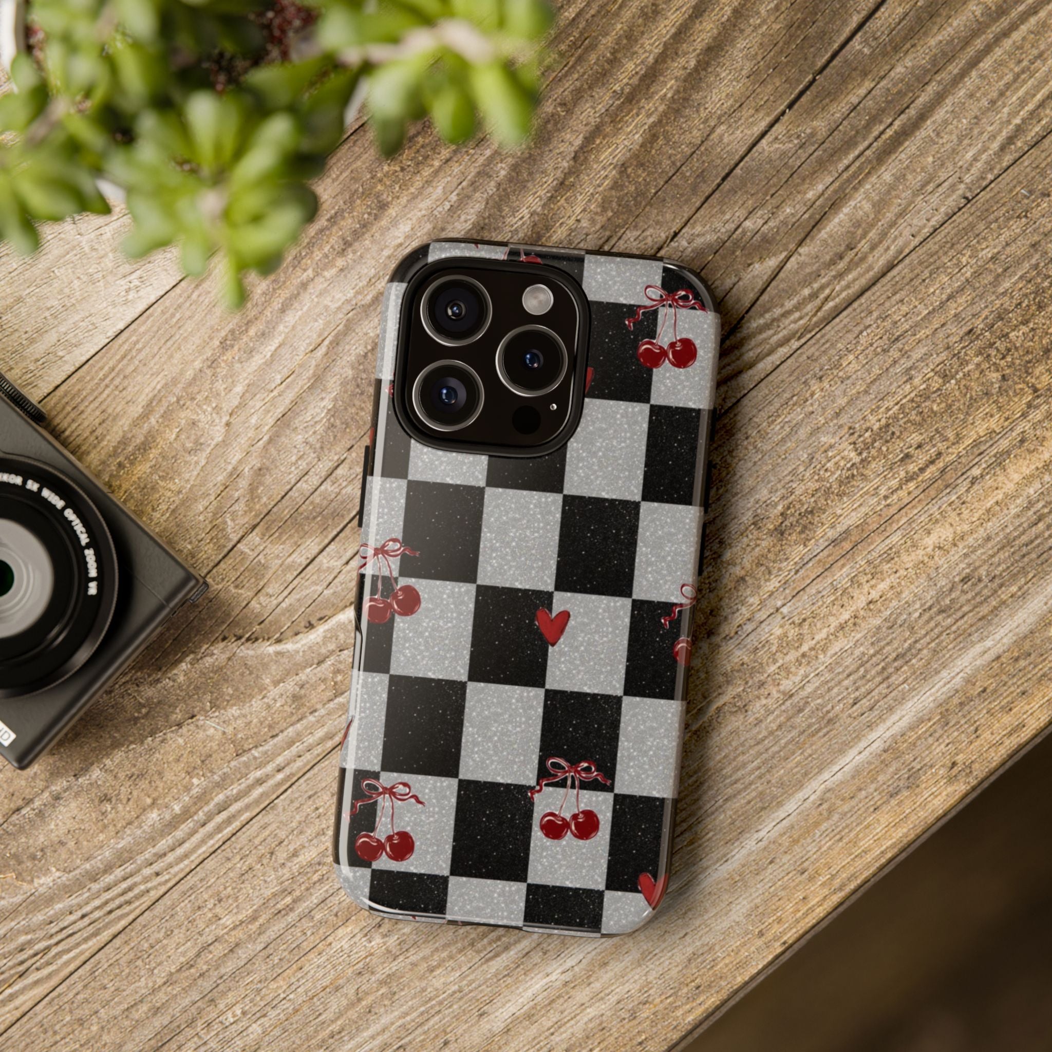 Cherry Checker Phone Case — Retro Black & White Plaid with Red Hearts