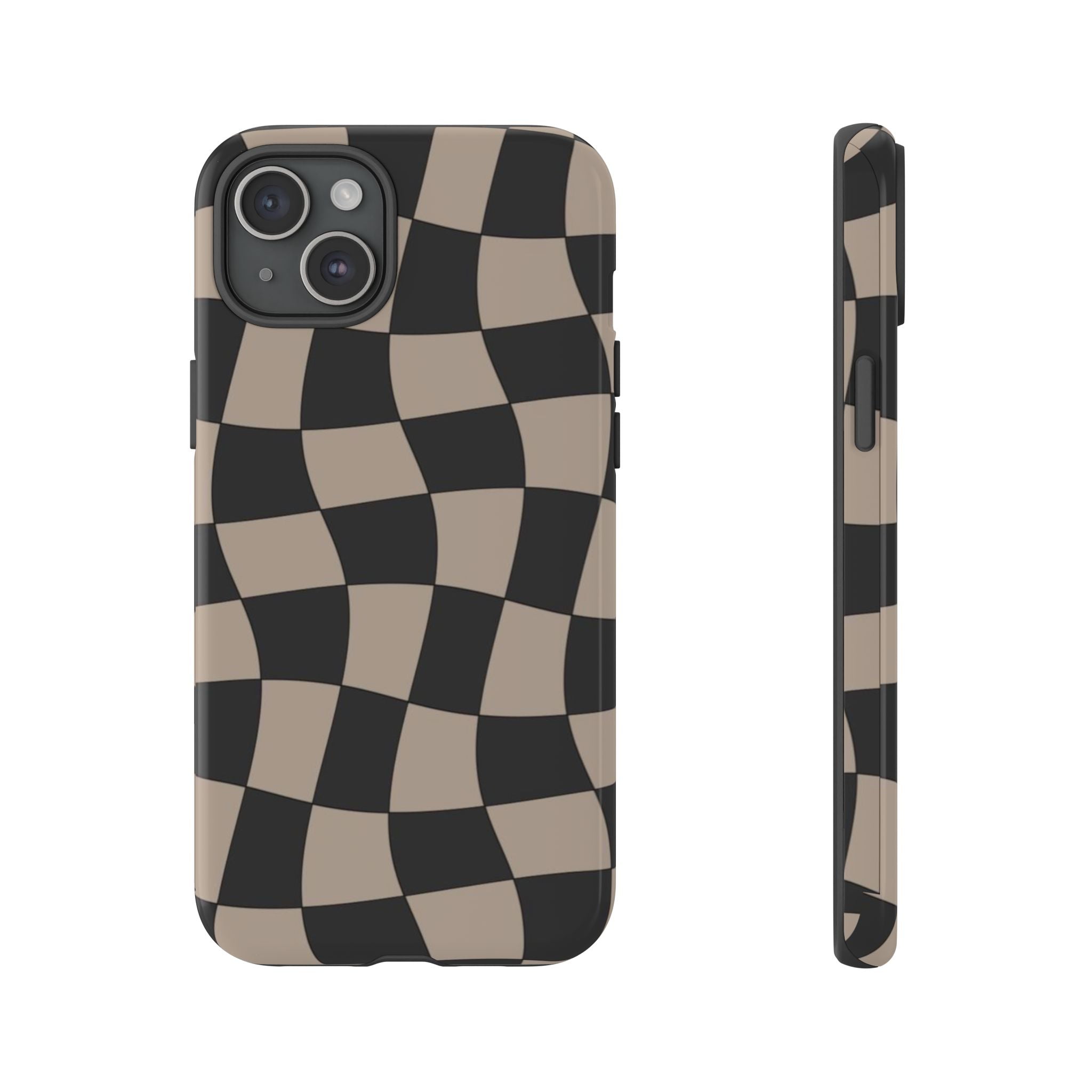Wavy Checkerboard Phone Case — Retro Black & Beige Pattern, Durable Protective Cover
