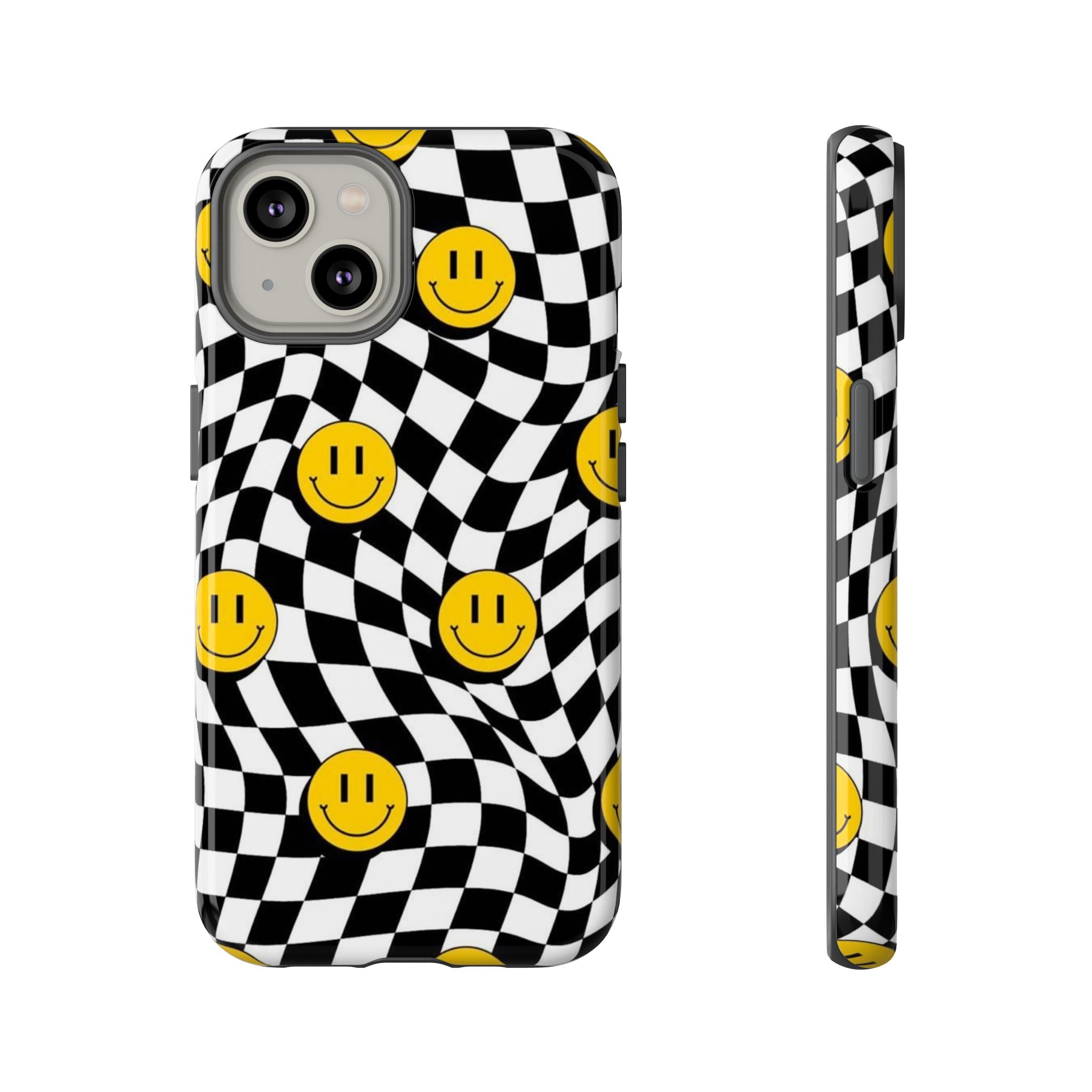 Smiley Checkerboard Tough Phone Case — Retro Wavy Black & White Design
