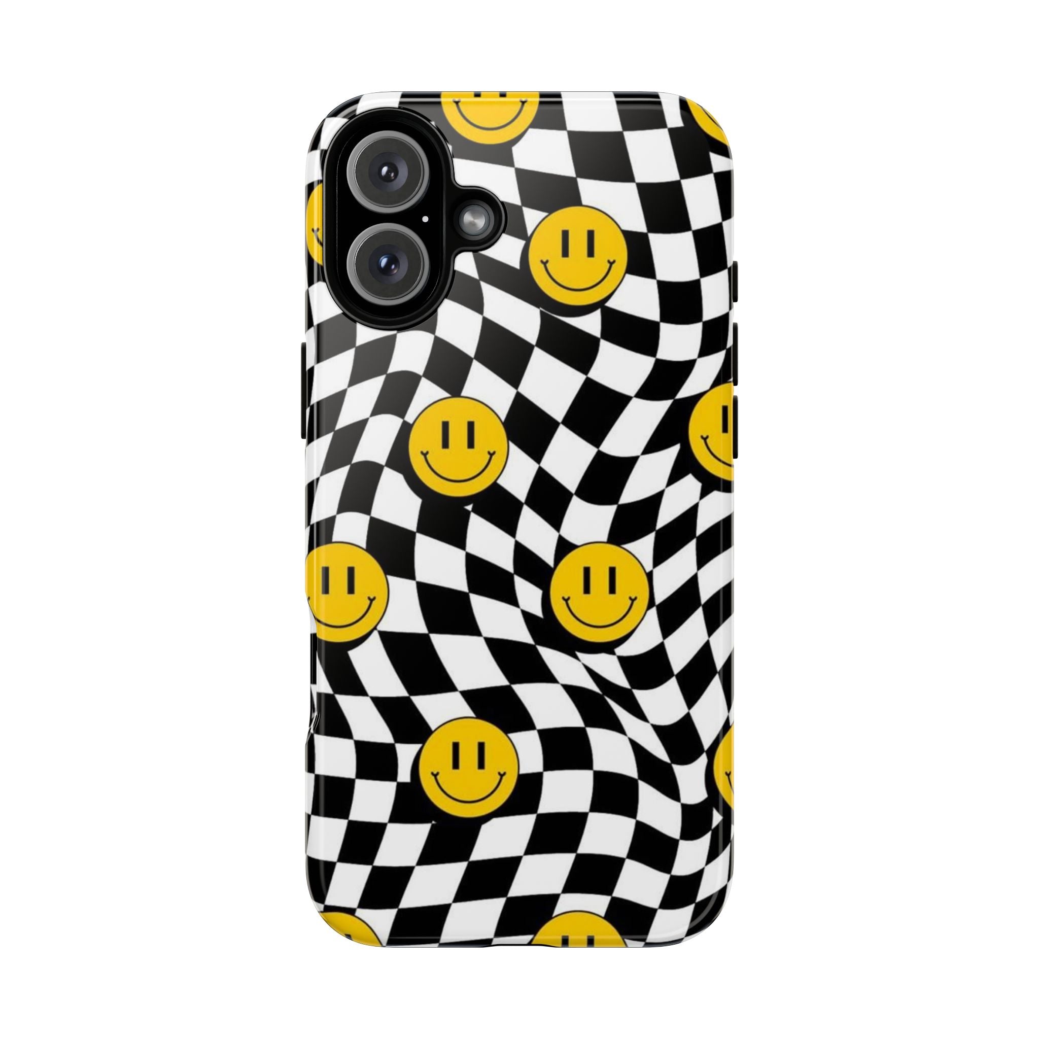 Smiley Checkerboard Tough Phone Case — Retro Wavy Black & White Design