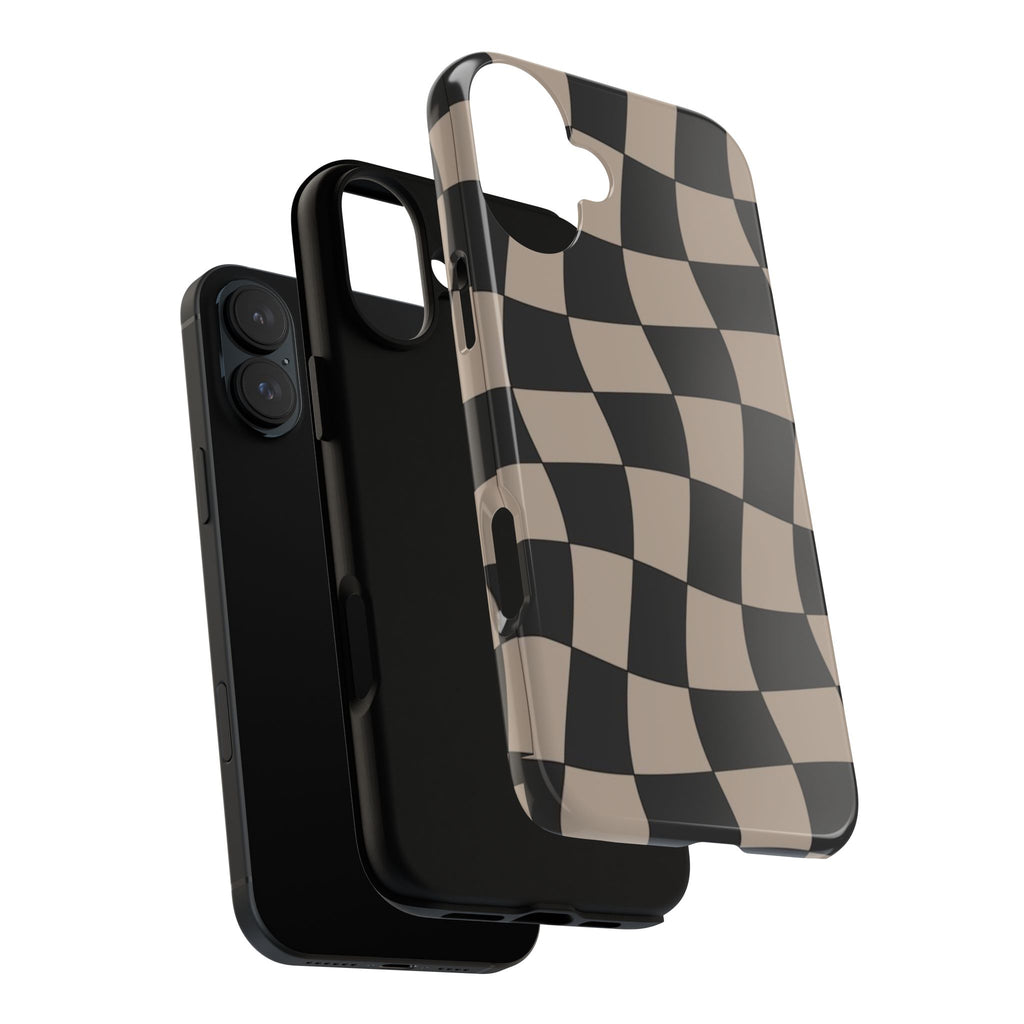 Wavy Checkerboard Phone Case — Retro Black & Beige Pattern, Durable Protective Cover