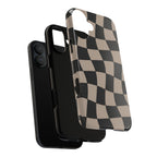 Wavy Checkerboard Phone Case — Retro Black & Beige Pattern, Durable Protective Cover
