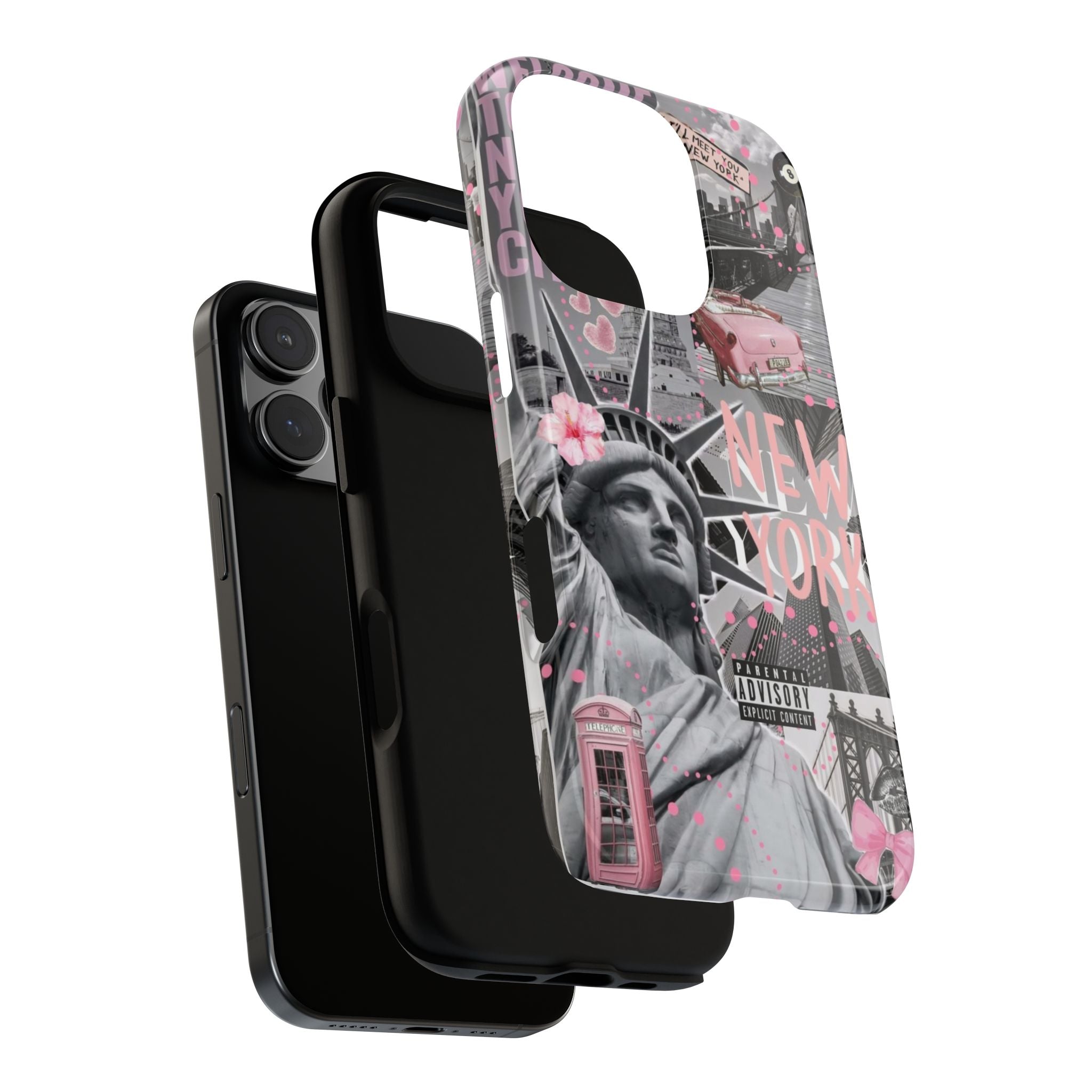 New York Collage Phone Case — Pink Retro Statue of Liberty Design