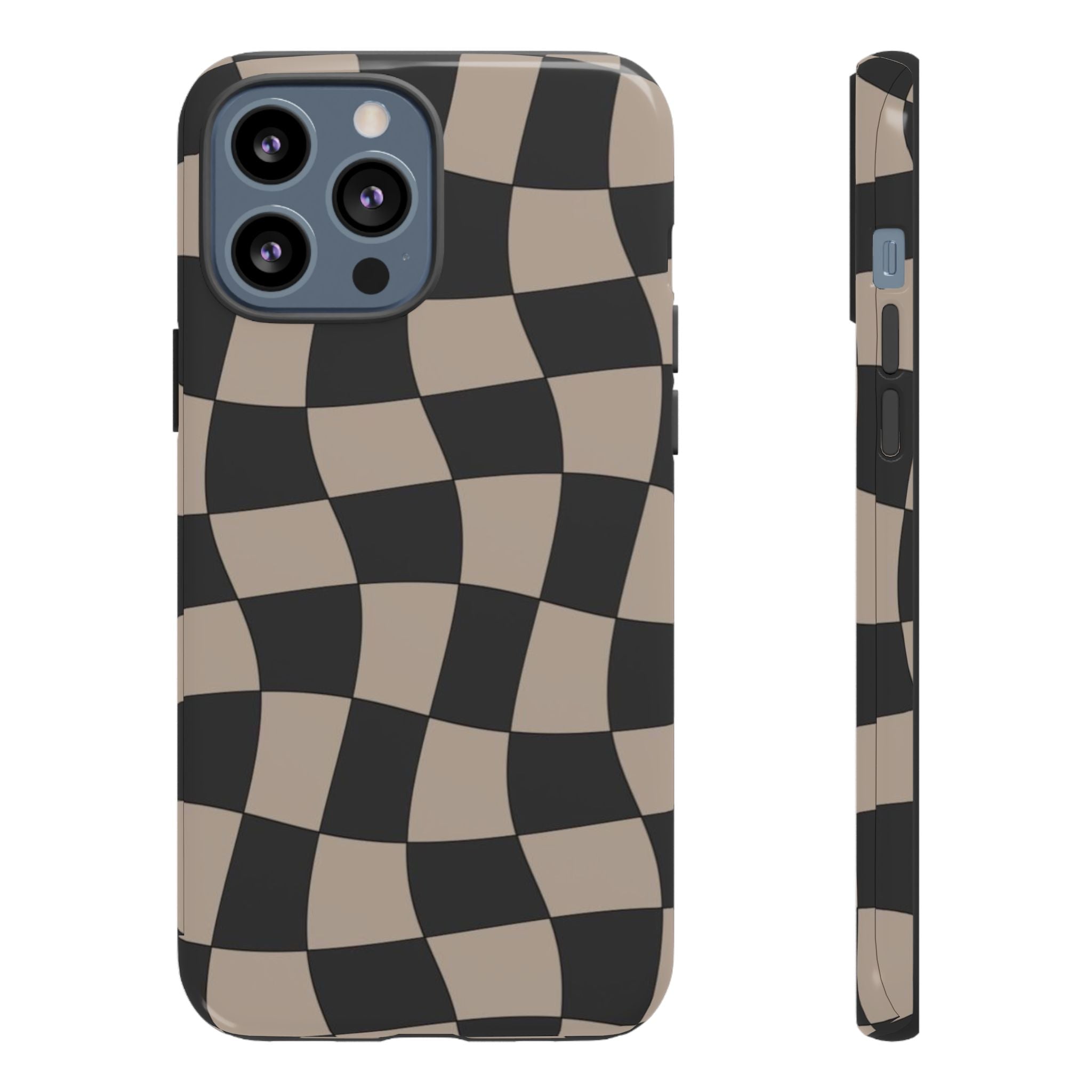 Wavy Checkerboard Phone Case — Retro Black & Beige Pattern, Durable Protective Cover