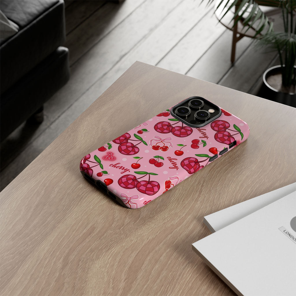 Cherry Pattern Tough Phone Case — Pink Cute Fruit iPhone Case with "cherry"
