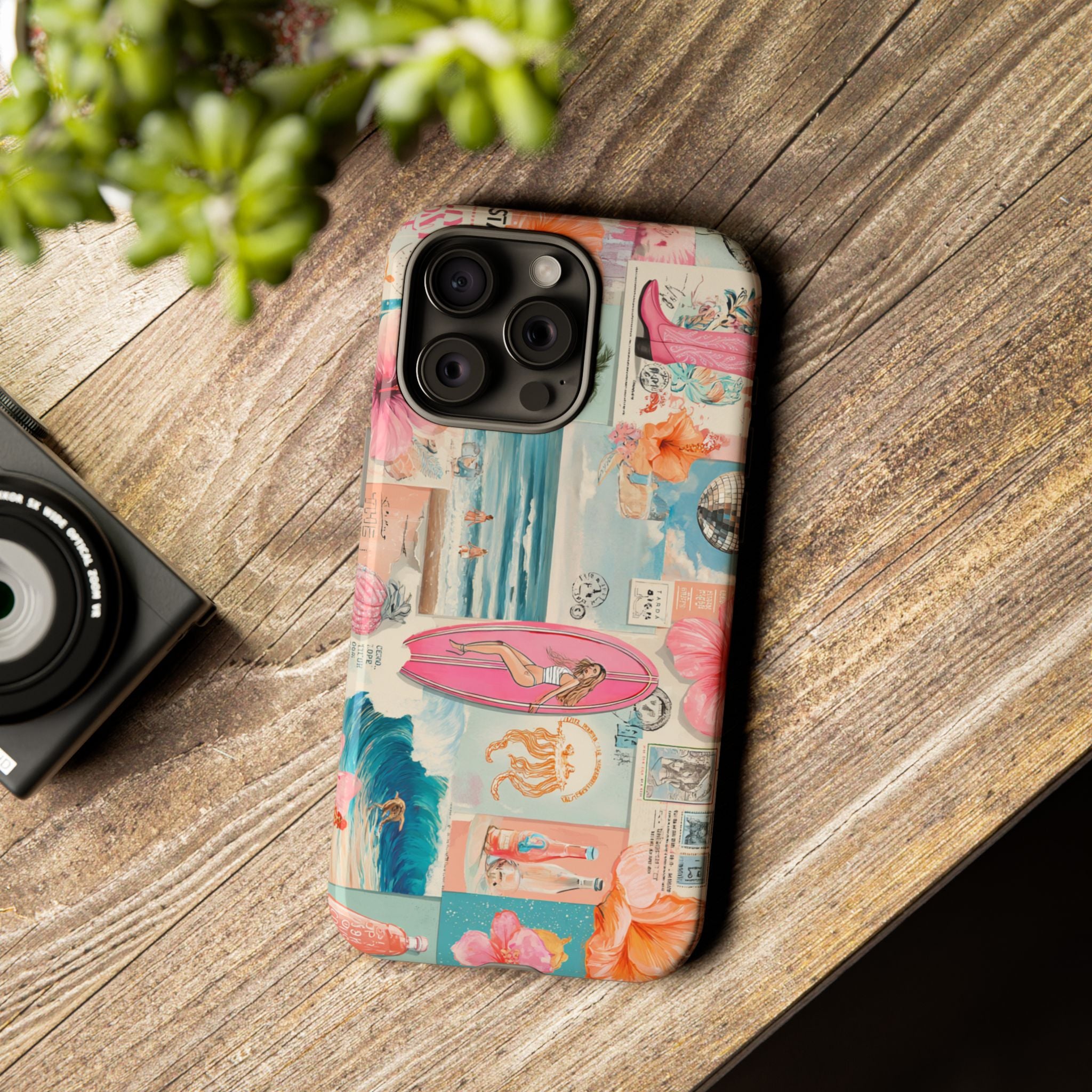 Tropical Surf Collage Phone Case — Vintage Hawaiian Floral & Surfboard Design