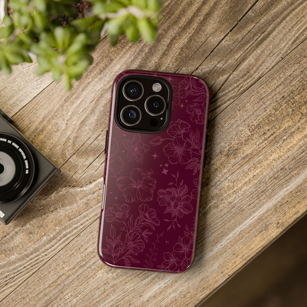 Burgundy Floral Tough Phone Case — Protective Hibiscus Pattern