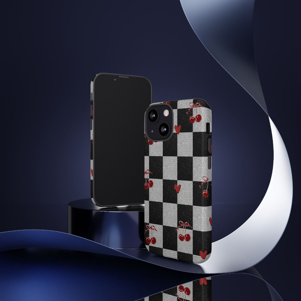 Cherry Checker Phone Case — Retro Black & White Plaid with Red Hearts