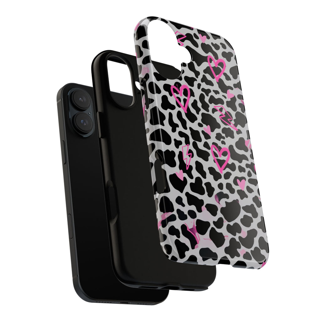 Phone Case — Black & White Cow Print with Pink Hand-Drawn Hearts