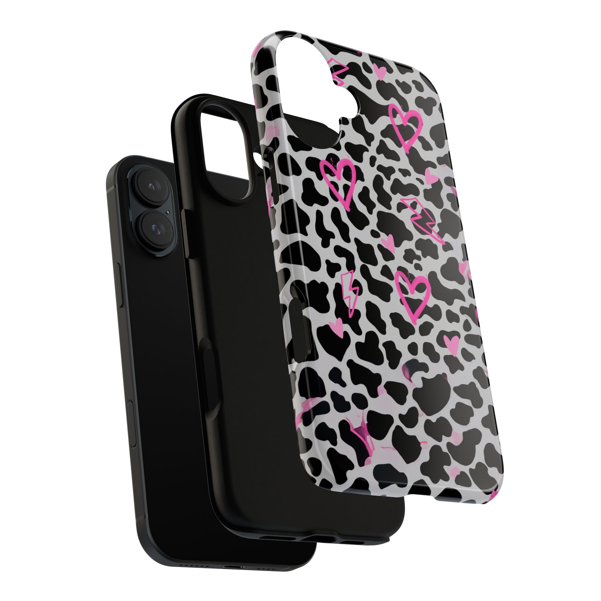 Phone Case — Black & White Cow Print with Pink Hand-Drawn Hearts