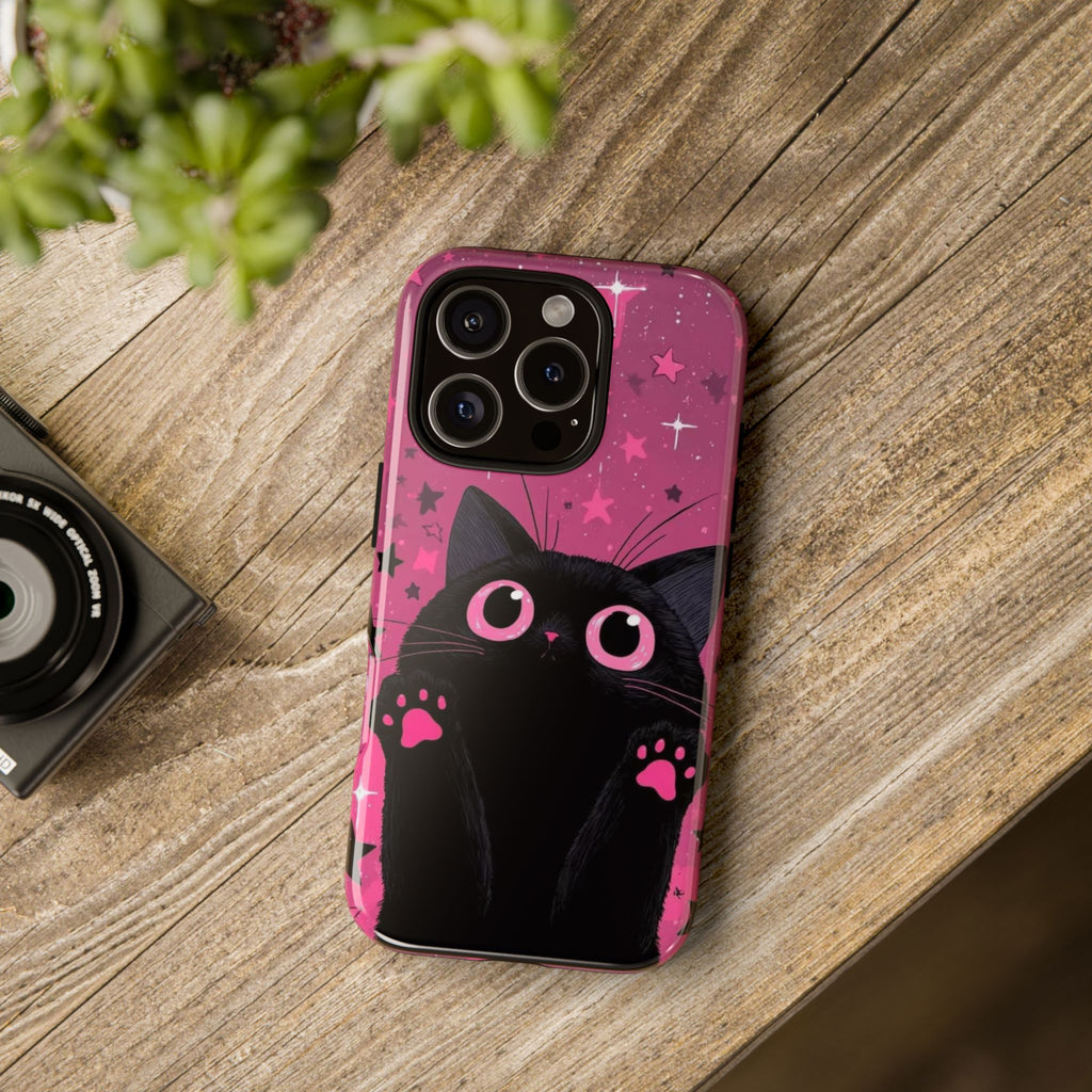 Cat Paw Pink Galaxy Phone Case — Cute Black Kitten iPhone Cover