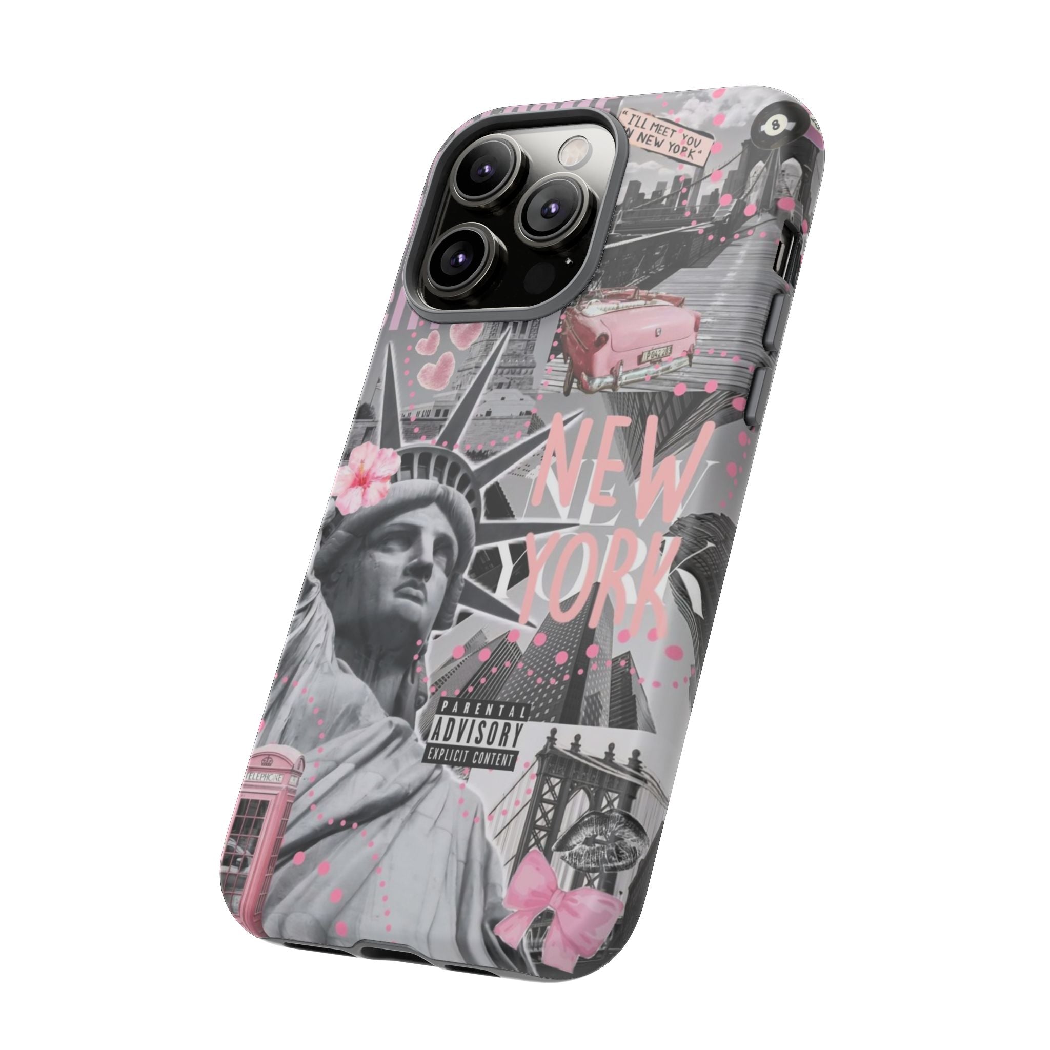 New York Collage Phone Case — Pink Retro Statue of Liberty Design