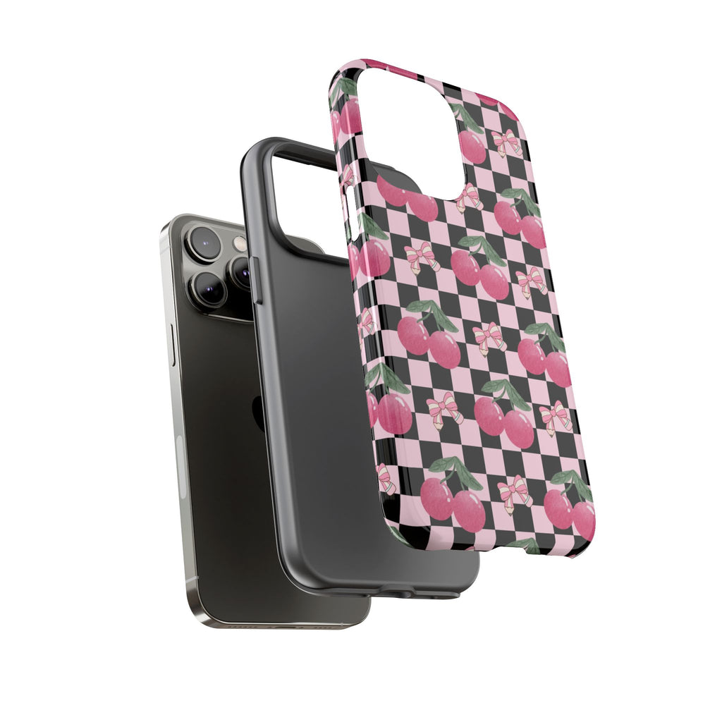 Cherry Checkered Phone Case — Pink Cherries on Black & White Checkerboard