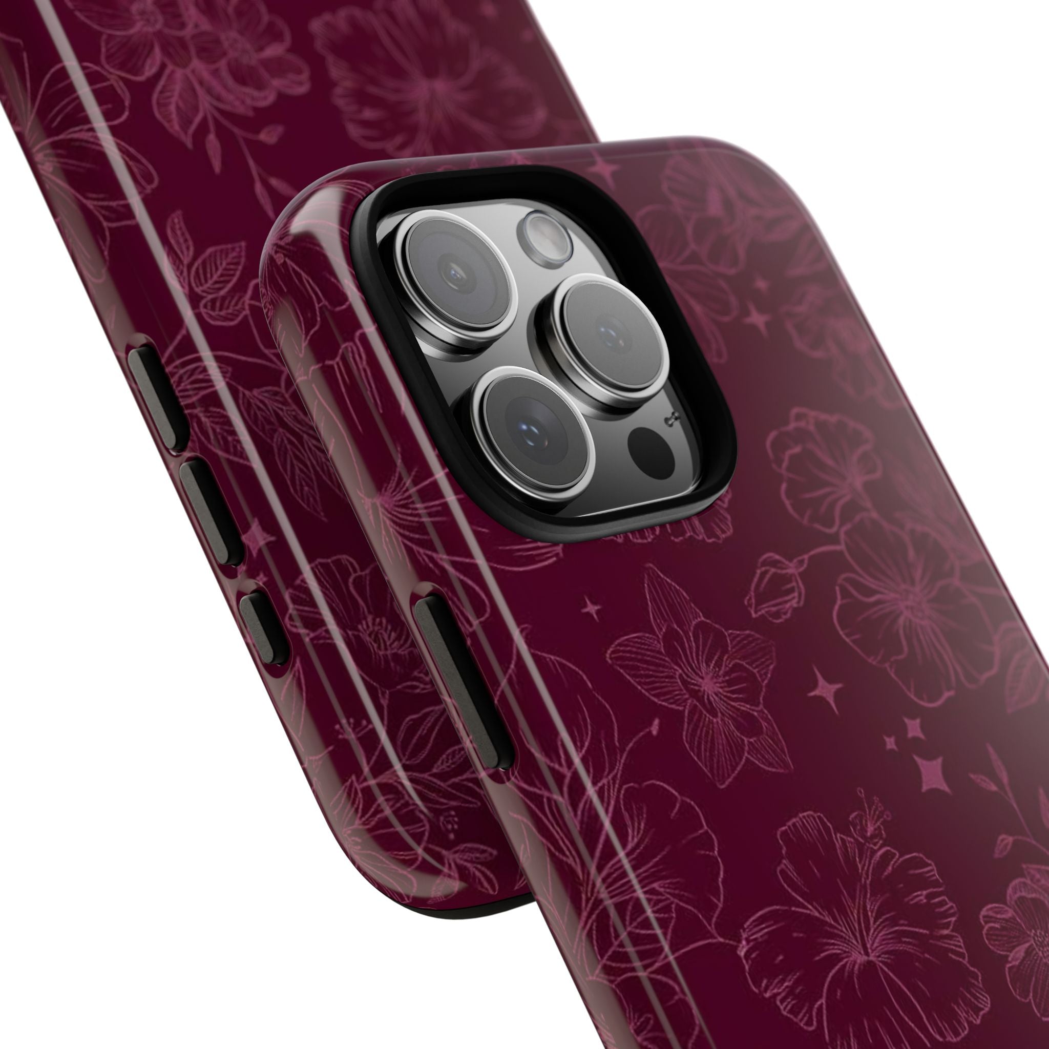 Burgundy Floral Tough Phone Case — Protective Hibiscus Pattern