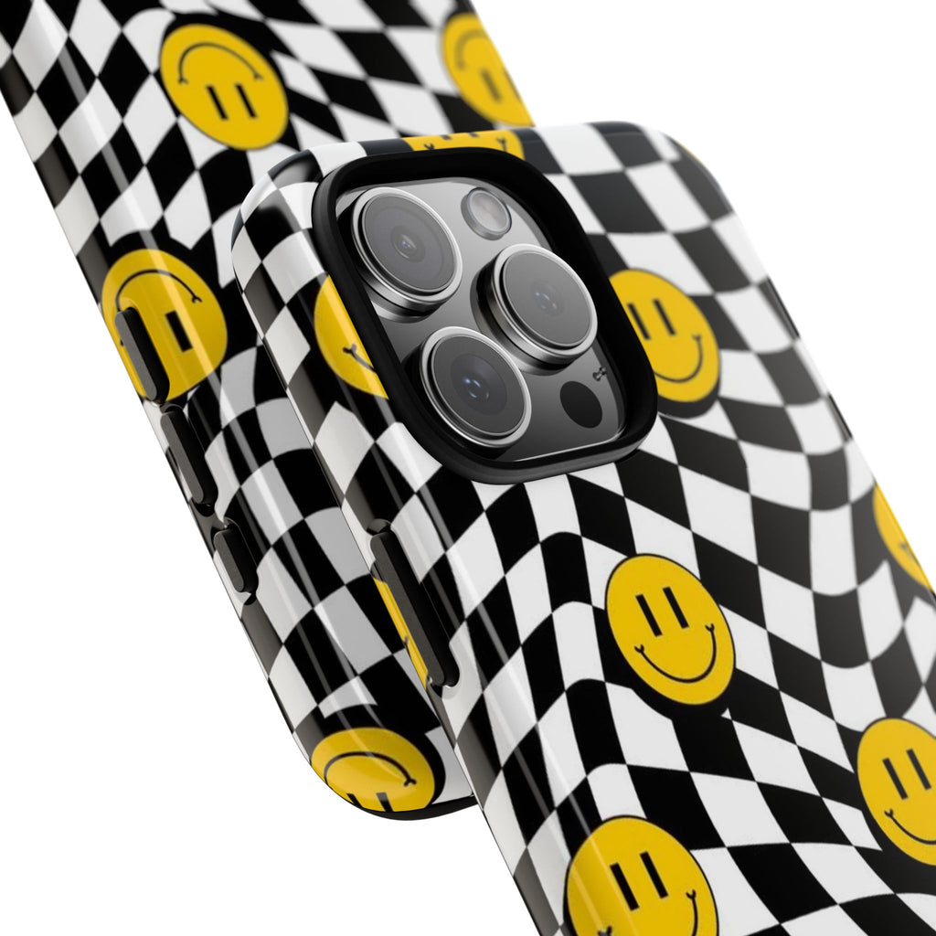 Smiley Checkerboard Tough Phone Case — Retro Wavy Black & White Design