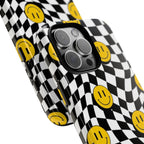 Smiley Checkerboard Tough Phone Case — Retro Wavy Black & White Design