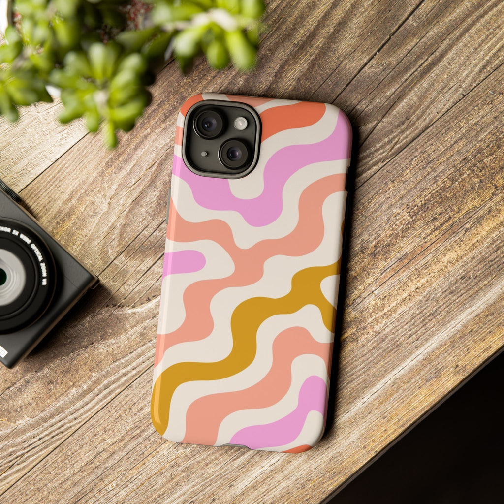 Retro Wavy Pattern Tough Phone Case — Pink, Peach & Mustard Abstract Design