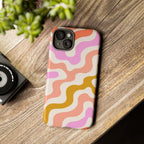 Retro Wavy Pattern Tough Phone Case — Pink, Peach & Mustard Abstract Design