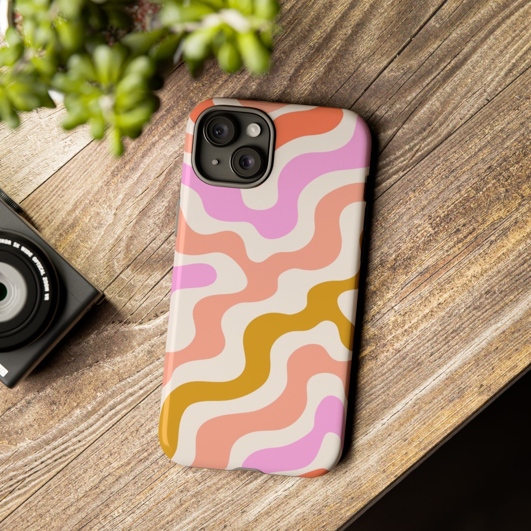 Retro Wavy Pattern Tough Phone Case — Pink, Peach & Mustard Abstract Design