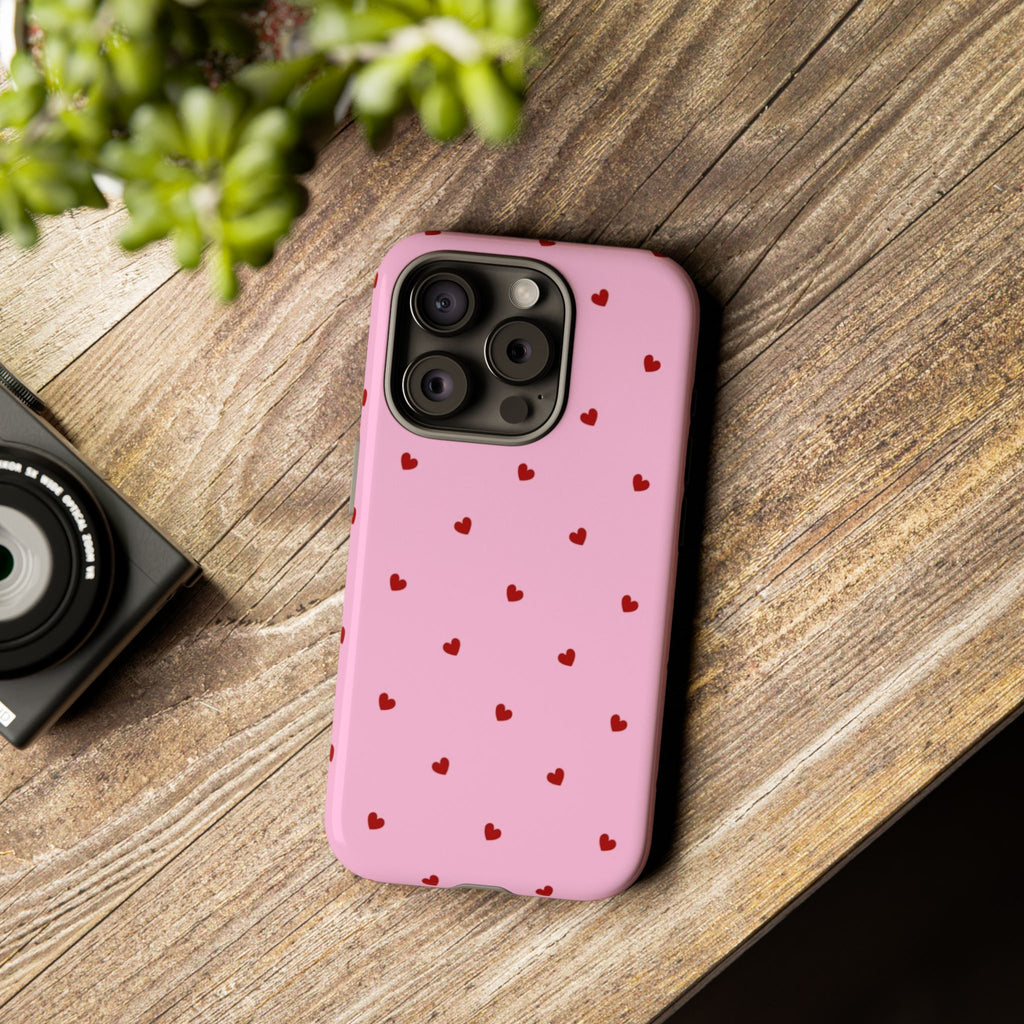 Pink Heart Pattern Tough Phone Case — Cute Red Hearts Protective Phone Cover (Valentine’s Day Gift)