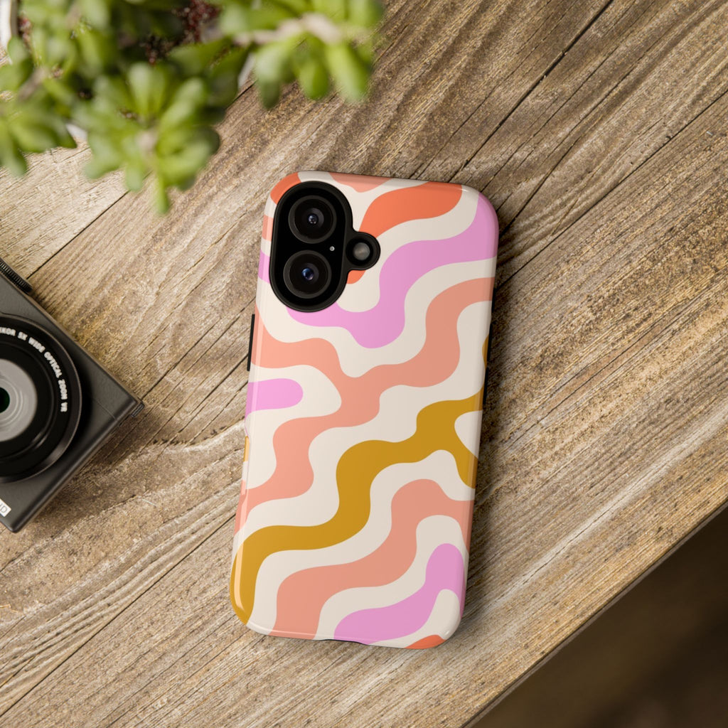 Retro Wavy Pattern Tough Phone Case — Pink, Peach & Mustard Abstract Design