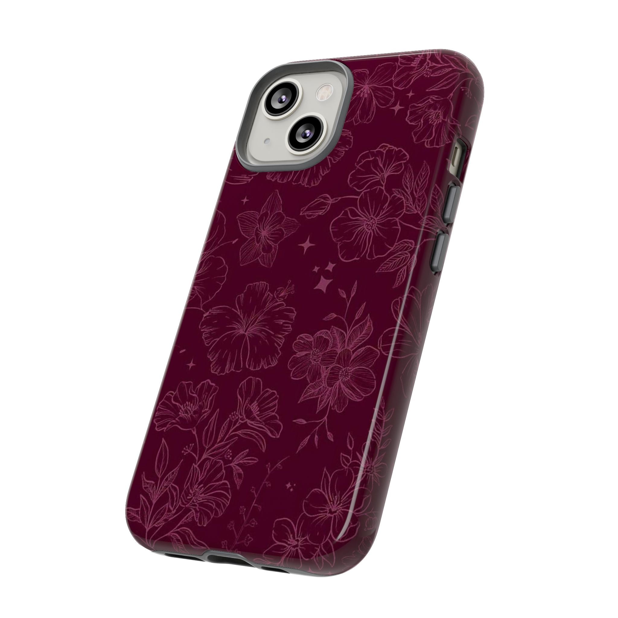 Burgundy Floral Tough Phone Case — Protective Hibiscus Pattern