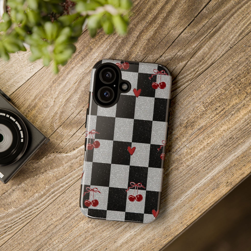 Cherry Checker Phone Case — Retro Black & White Plaid with Red Hearts