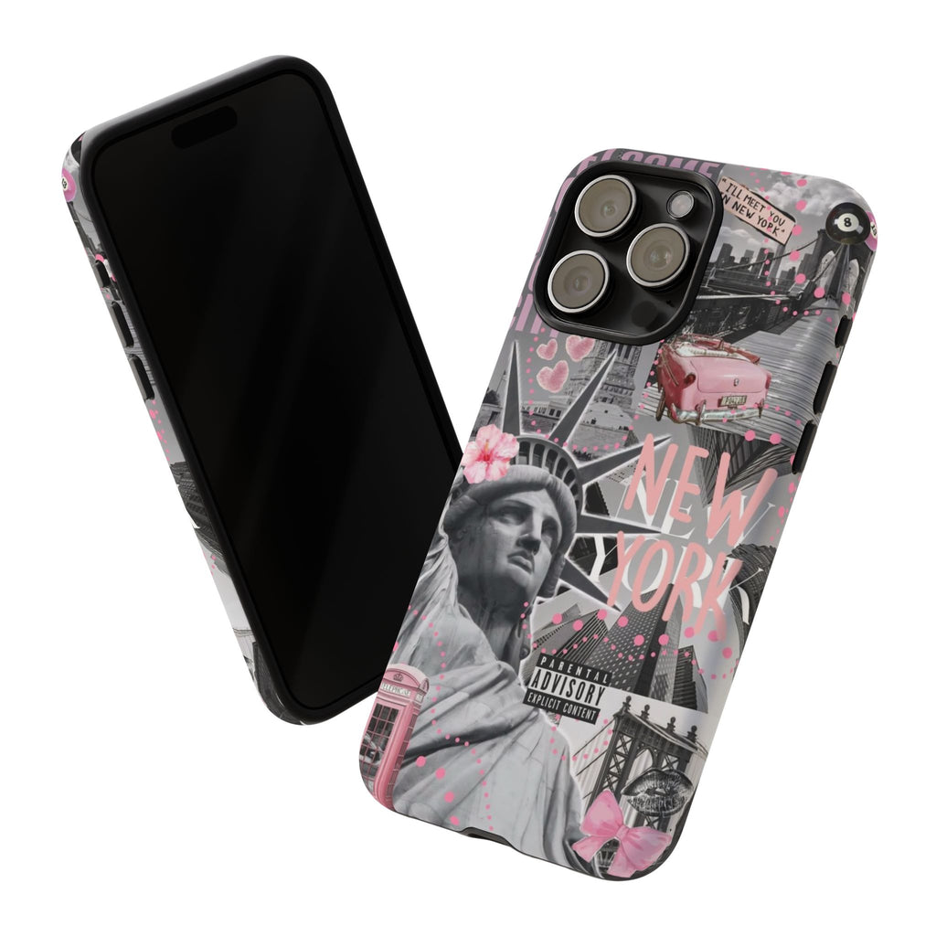 New York Collage Phone Case — Pink Retro Statue of Liberty Design