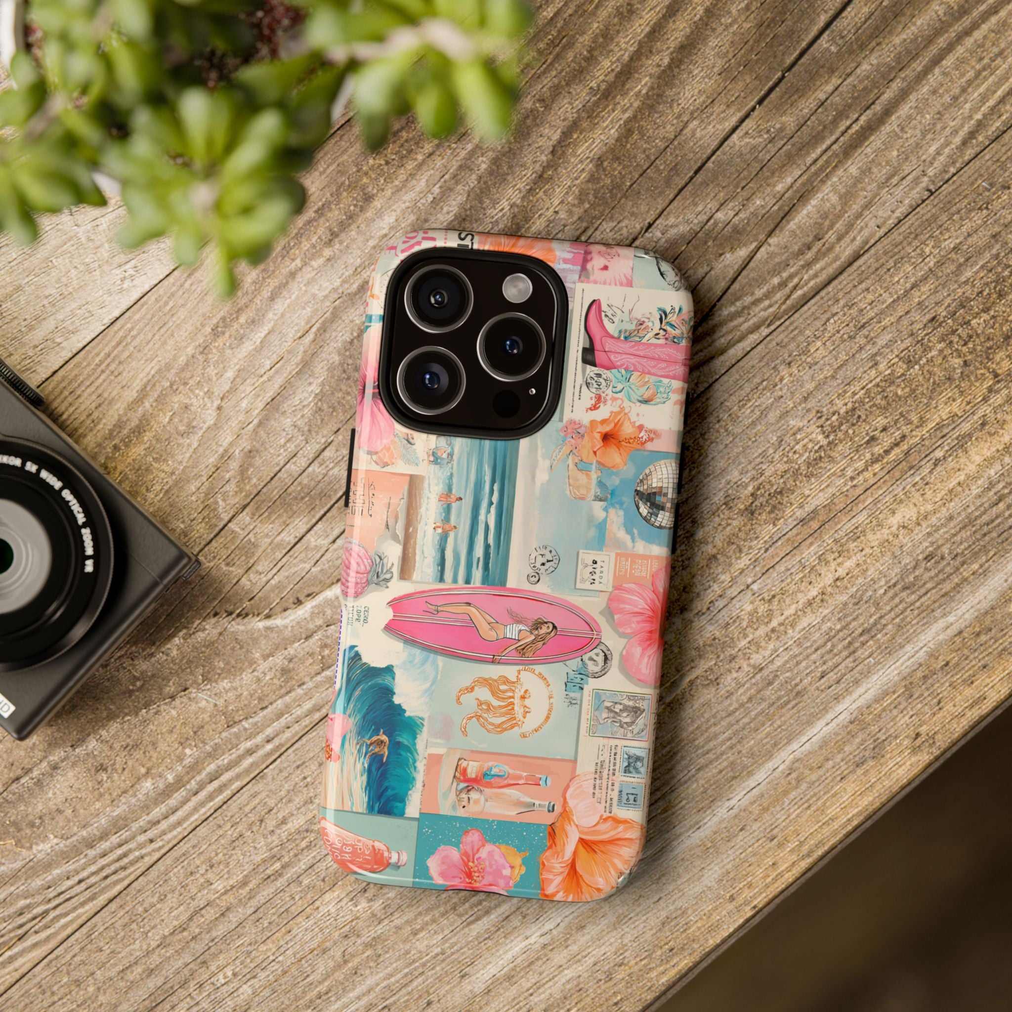 Tropical Surf Collage Phone Case — Vintage Hawaiian Floral & Surfboard Design